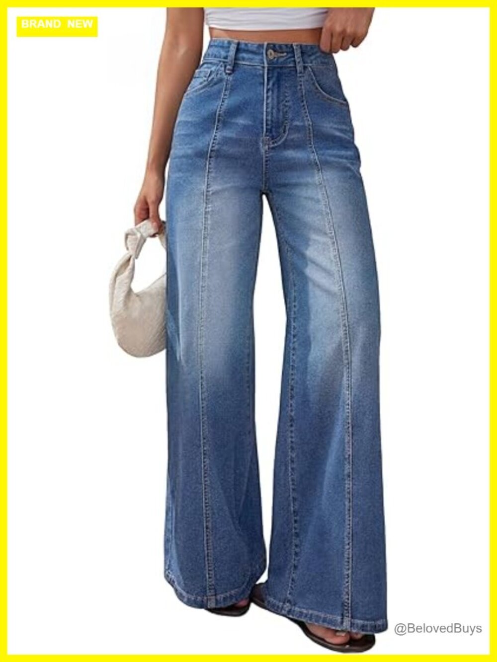 Wide Leg Baggy Jeans High Waisted Front Seam Denim Pants